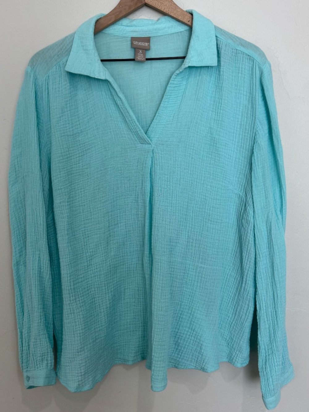 Chico's Aqua Blue Gauze Cotton Popover Top Size XL Lightweight Collared Blouse